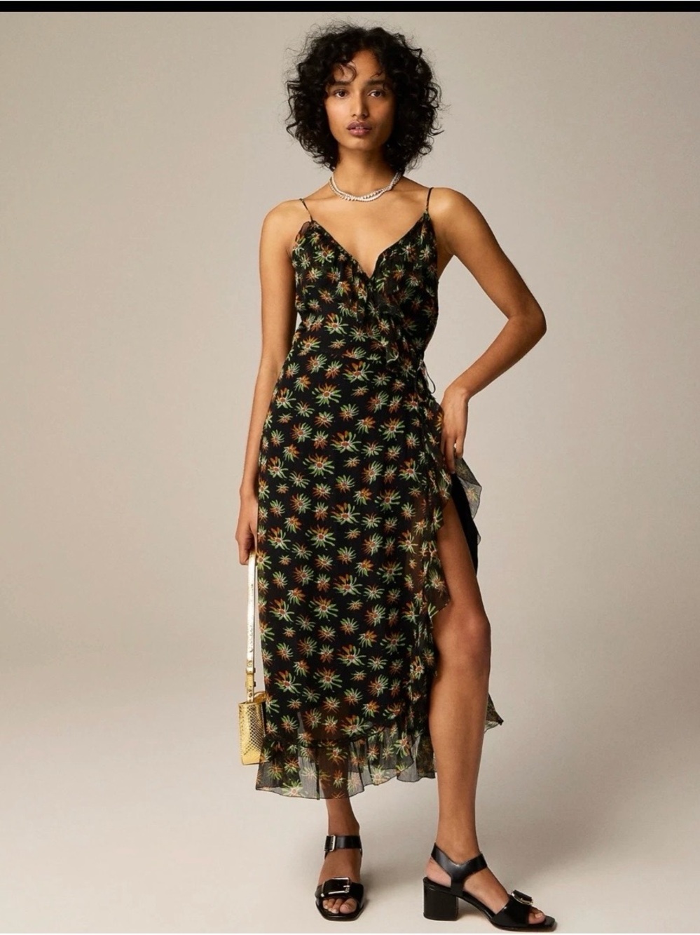 J. Crew Black Floral Midi Wrap Dress with Side Slit